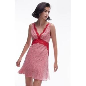 Topshop Red Floral Lace Mini Y2K Dress Babydoll Sweetheart V-Neck size 8